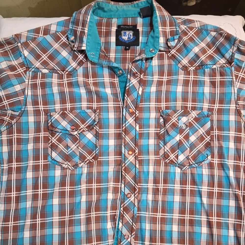 Men's Plaid Button-Up Shirt - Brown & Blue